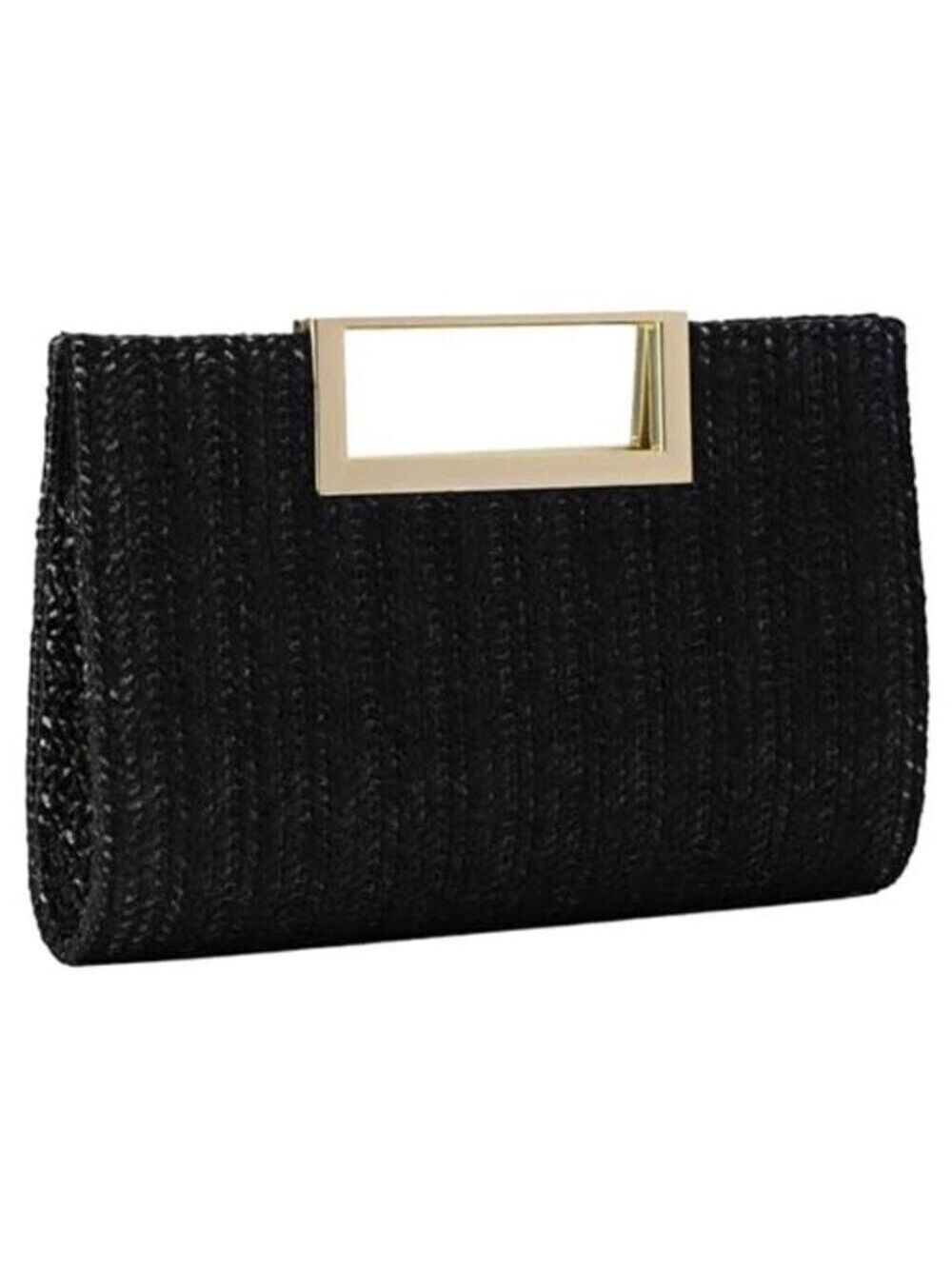 Black Straw Raffia Woven Clutch Handbag Gold Chain Crossbody Purse